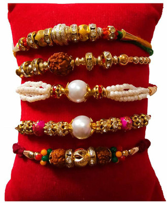 Aahum Sales Designer Different Pattern Pearl Beads Rudraksha Fabric Rakhi Set with Roli Chawal for Brother Bhaiya Bhabhi (Multicolour) - Pack of 5 Rakhis Assorted Chawal Roli Pack, Rakhi  Set(Rakhi Set of 5)