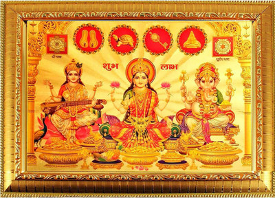 SUNINOW LAXMI GANESH SARASWATI WITH YANTRA | GOD PHOTO FRAMES | Hindu god photo | bhagwan photo Religious Frame