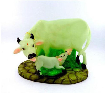 salvusappsolutions Handmade Polystone Cow And Calf Sculpture Medium Size With Radium Glow Kamdhenu Cow And Calf Idol Statue and Sculpture Showpiece For home decor gifts antique items home decor accessories Decorative Showpiece  -  8 cm(Marble, Green)