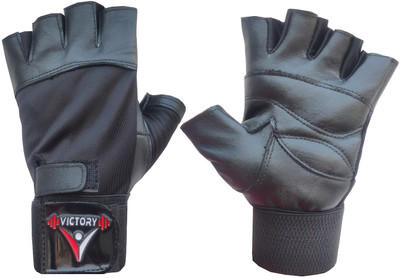 VICTORY Power Leather Weight Lifting Gym Glove With Wrist Support Gym & Fitness Gloves(Black)