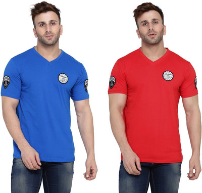 BEYOU FASHION Solid Men V Neck Red, Blue T-Shirt