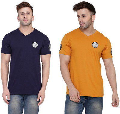 Trendfull Solid Men V Neck Dark Blue, Gold T-Shirt