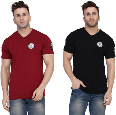 BEYOU FASHION Solid Men V Neck Maroon, Black T-Shirt