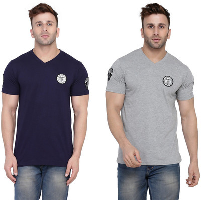 Trendfull Solid Men V Neck Silver, Dark Blue T-Shirt