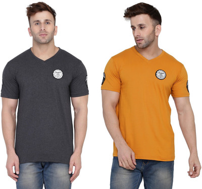 BEYOU FASHION Solid Men V Neck Gold, Grey T-Shirt
