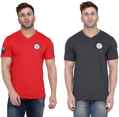 Trendfull Solid Men V Neck Red, Grey T-Shirt