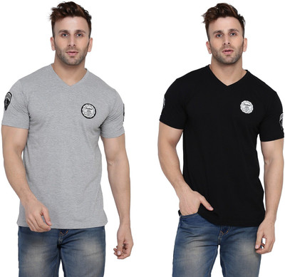 BEYOU FASHION Solid Men V Neck Silver, Black T-Shirt