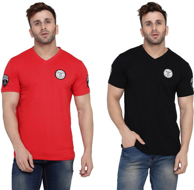 Trendfull Solid Men V Neck Red, Black T-Shirt