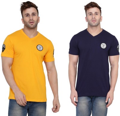 Trendfull Solid Men V Neck Dark Blue, Yellow T-Shirt