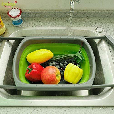 STUNNER ENTERPRISE Foldable Drain Basket Silicone Adjustable Collapsible Vegetable Fruits Washing Basket Collapsible Colander(Green Pack of 1)