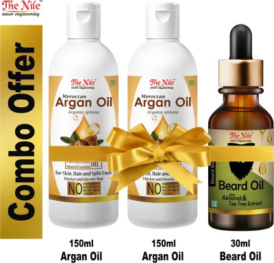 The Nile Moroccan Argan Hair Oil Pure Cold Pressed Blend of Essential Oil for Skin, Hair and Split Ends Thicker and Glossier Hair 150 ML + Moroccan Argan Hair Oil Pure Cold Pressed Blend of Essential Oil for Skin, Hair and Split Ends Thicker and Glossier Hair 150 ML + Beard Booster Oil With Almond A