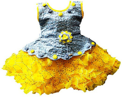 socho samjo Girls Midi/Knee Length Festive/Wedding Dress(Yellow, Sleeveless)