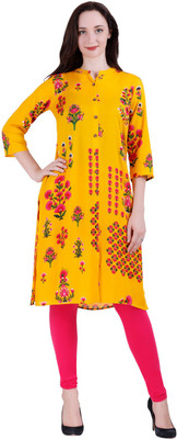 Larwa Women Floral Print Straight Kurta(Yellow)