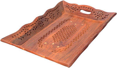 manzees Wooden Handmade Brass work Serving tray, Snacks tray Tray(Microwave Safe)