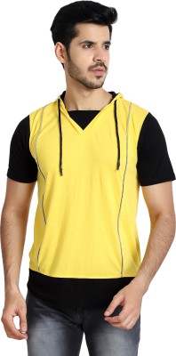 Black Collection Solid Men Hooded Neck Black, Yellow T-Shirt