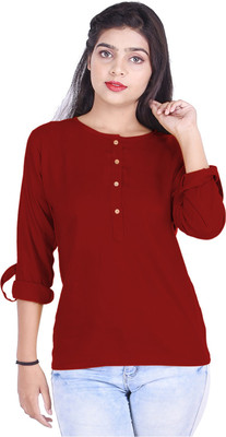 KURTI WORLD Casual Roll-up Sleeve Solid Women Maroon Top