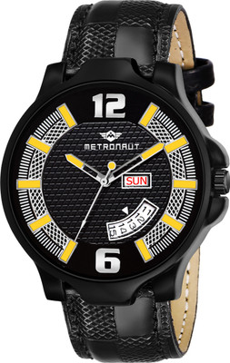 METRONAUT Elegant Black-Yellow Dial Round Shaped Faux Leather Day & Date Functioning Premium Watch for Men/Boys Analog Watch  - For Men