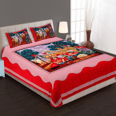 KHWAISH KOLLECTION Cotton Double Flat 180 TC Printed Bedsheet(Pack of 1, Red, Pink)