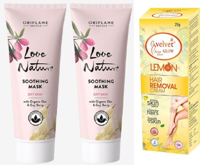 Oriflame Sweden Love nature Soothing Mask with Organic Oat & Goji Berry-75ml{2pcs} &velvet hair removal cream 25g(3 Items in the set)