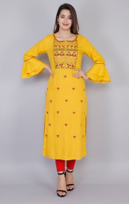 Tap in Women Embroidered Straight Kurta(Yellow)