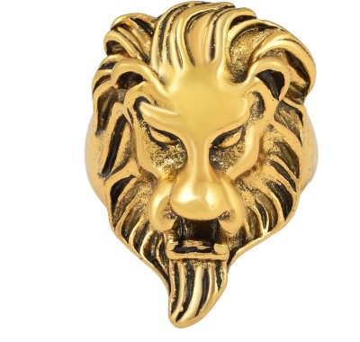 Mahakaal Jewels Gold Plated Roaring Big Lion Head Bikers Gothic Animal Charm Macho Finger Ring Band Ring for Mens/Boys Stainless Steel Ruby Gold Plated Ring