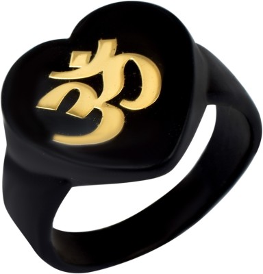 Mahakaal Jewels Matt Black Finish Brass Gold Coated Laminated OM Ohm Word Engravable Heart Finger Ring Men Finger Ring Spiritual Jewelry for Men and Women Brass Rhodium Plated Ring
