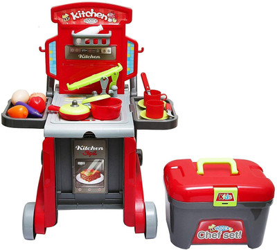 KISU FASHION STUDIO 3 in 1 Little Chef Kids Kitchen Play Set with Light & Sound Cooking Kitchen Play Set Toy - Red