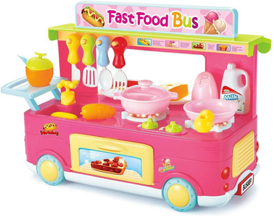 KISU FASHION STUDIO Enterprise Kitchen Set Fast Food Bus with Light and Sound for Girls