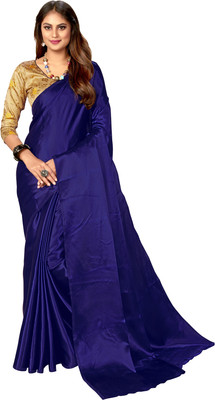 KALAVILLA Solid Bollywood Satin Blend Saree(Blue)