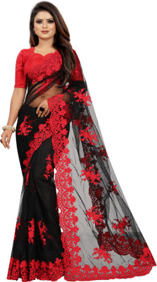 Yashvi Designer Embroidered Bollywood Net Saree(Red, Black)
