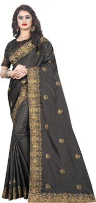 Om Shantam sarees Embroidered Bollywood Silk Blend Saree(Grey)