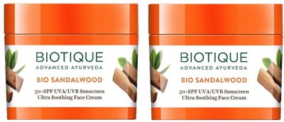 BIOTIQUE Sunscreen - SPF 50 Bio Sandalwood Sunscreen UVA/UVB Ultra Soothing Face Cream(50g x02)(Pack of 2 * 50g)(100 g)