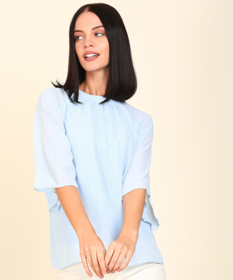 AND Casual Flared Sleeve Checkered Women Light Blue Top