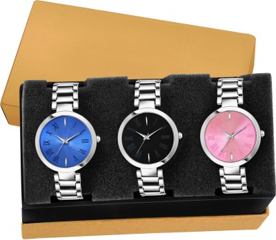 HLMT COMBO WATCH PACK OF 3 Multicolor Dial Silver Color Metal Strap Girls And Ladies Analog Watch  - For Women