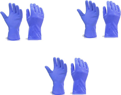 MDP Sales Flock line Reusable Rubber Hand Gloves (Blue) - 3pc Wet and Dry Glove Set(Free Size Pack of 3)