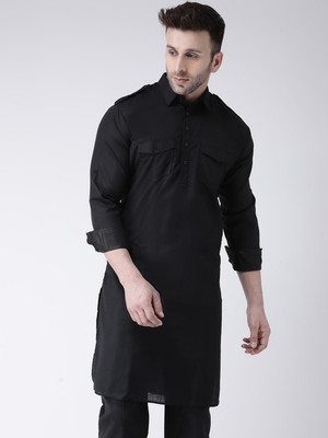Hangup Men Solid Pathani Kurta(Black)