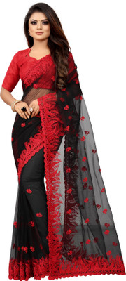 Barkiya Creation Embroidered Bollywood Net Saree(Black)