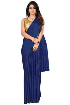 MM VENTURE Solid/Plain Bollywood Satin Saree(Dark Blue)