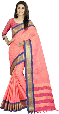 Hinayat Fashion Checkered Chanderi Art Silk Saree(Pink)
