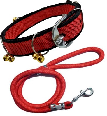 BODY BUILDING Nylon Belt Combo of Ghungroo with Lead 1.5m Lengthy Dog Collar & Leash(Medium, Black Red)