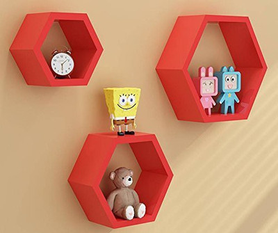 TechHark MDF (Medium Density Fiber) Wall Shelf(Number of Shelves - 3, Red)