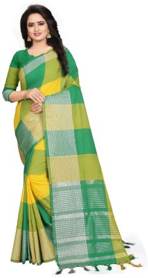 KALKEE FASHION Striped Daily Wear Cotton Blend, Cotton Silk Saree(Green)