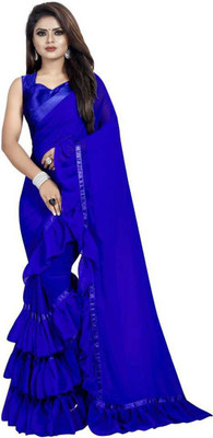 For And Ever Solid/Plain Daily Wear Georgette, Satin Saree(Blue)