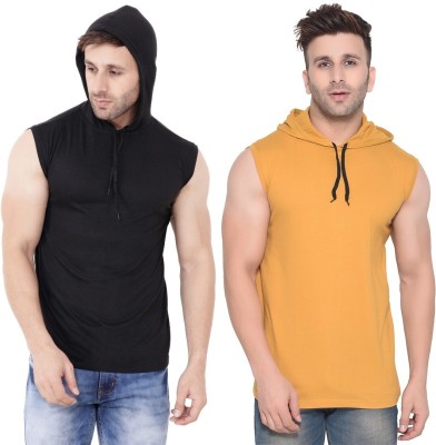 Trendfull Solid Men Hooded Neck Gold, Black T-Shirt