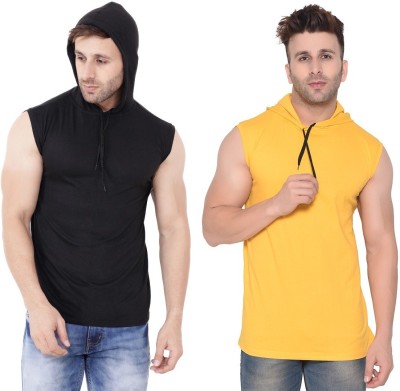 BEYOU FASHION Solid Men Hooded Neck Black, Yellow T-Shirt