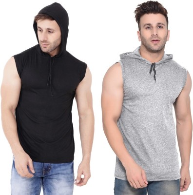 BEYOU FASHION Solid Men Hooded Neck Silver, Black T-Shirt