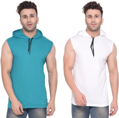 Money Leaf Solid Men Hooded Neck White, Light Green T-Shirt