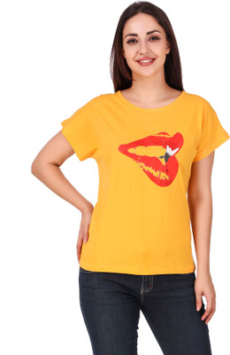 4M SALES Printed Women Round Neck Yellow T-Shirt
