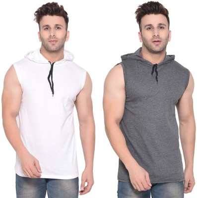 Lawful Casual Solid Men Hooded Neck White, Grey T-Shirt
