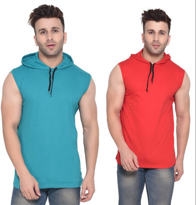 Trendfull Solid Men Hooded Neck Red, Light Green T-Shirt